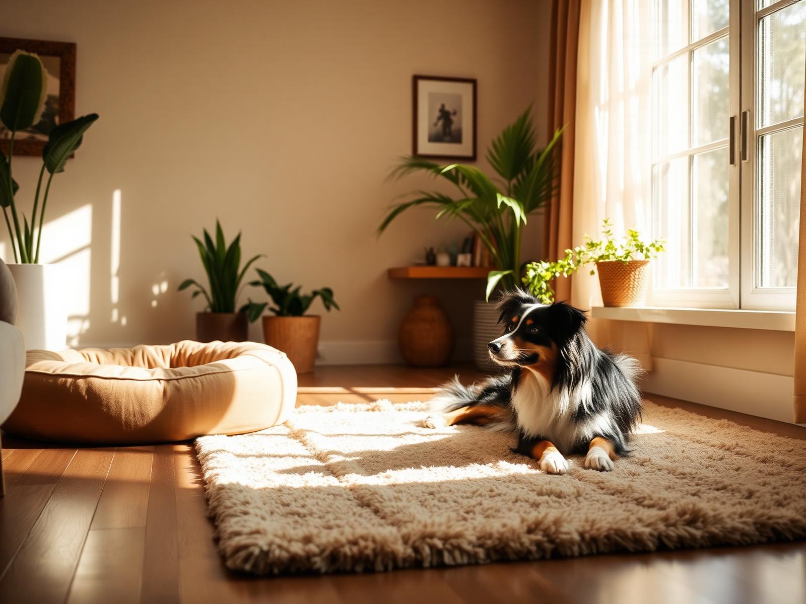 A happy dog relaxing at home